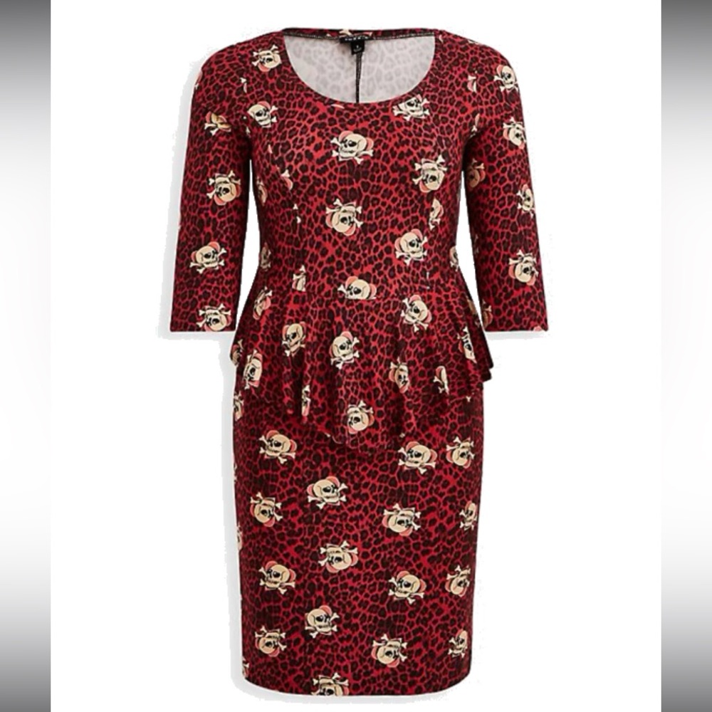 NWT Torrid Plus Size 0 PEPLUM DRESS - PONTE SKULLS LEOPARD RED